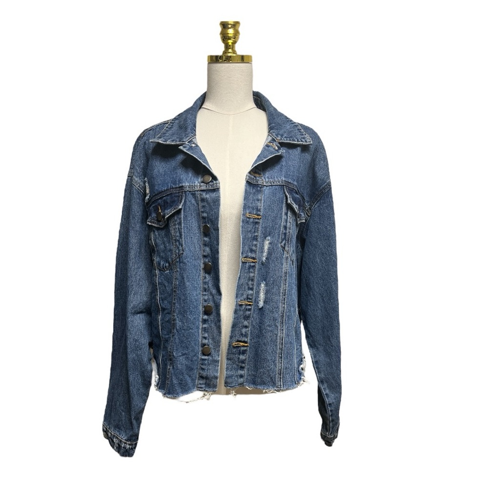 Easel Women’s Distressed Oversized Blue Denim Jacket Size Medium
